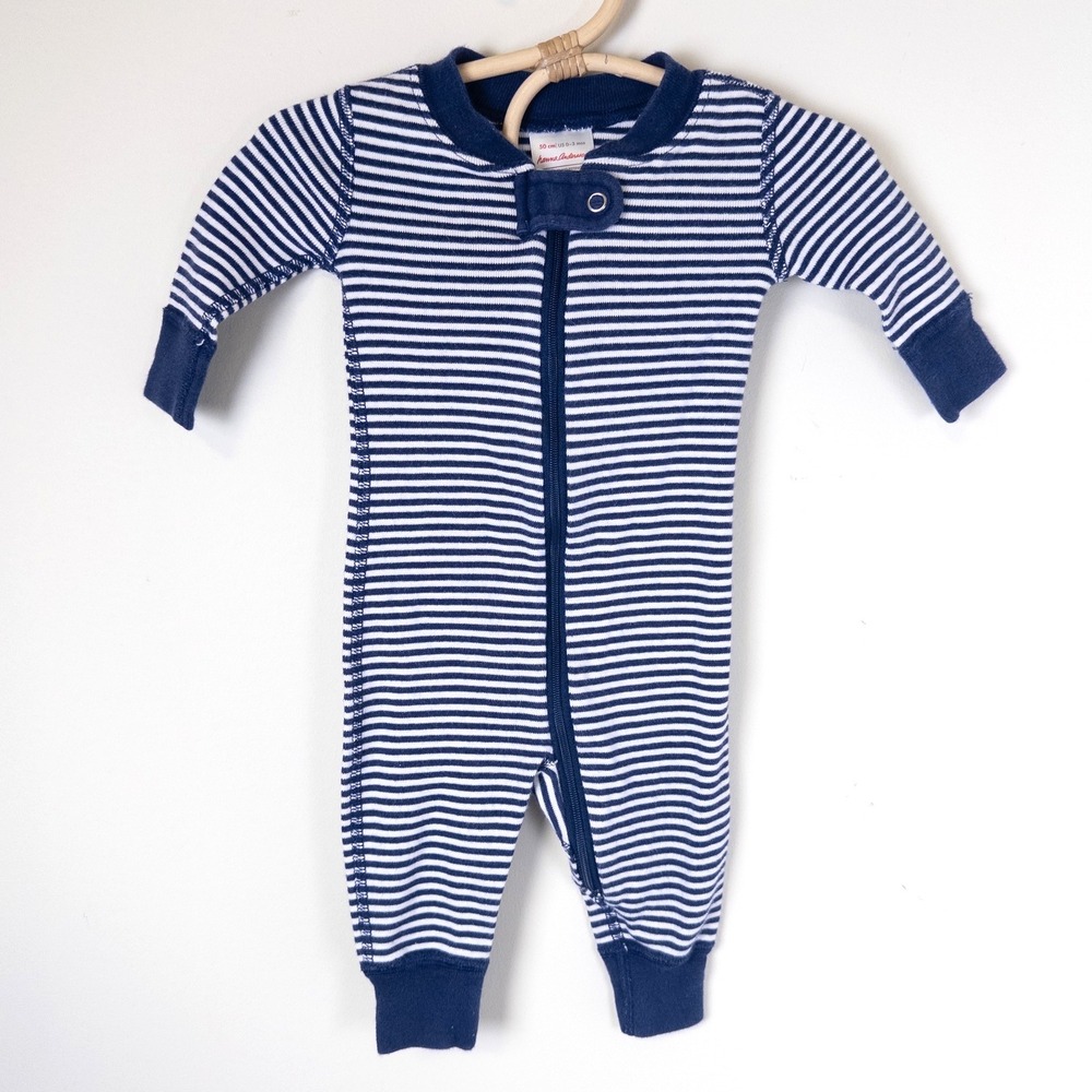 Hanna Andersson Striped Organic Cotton Sleeper Baby 0-3M Navy White Zip PJs